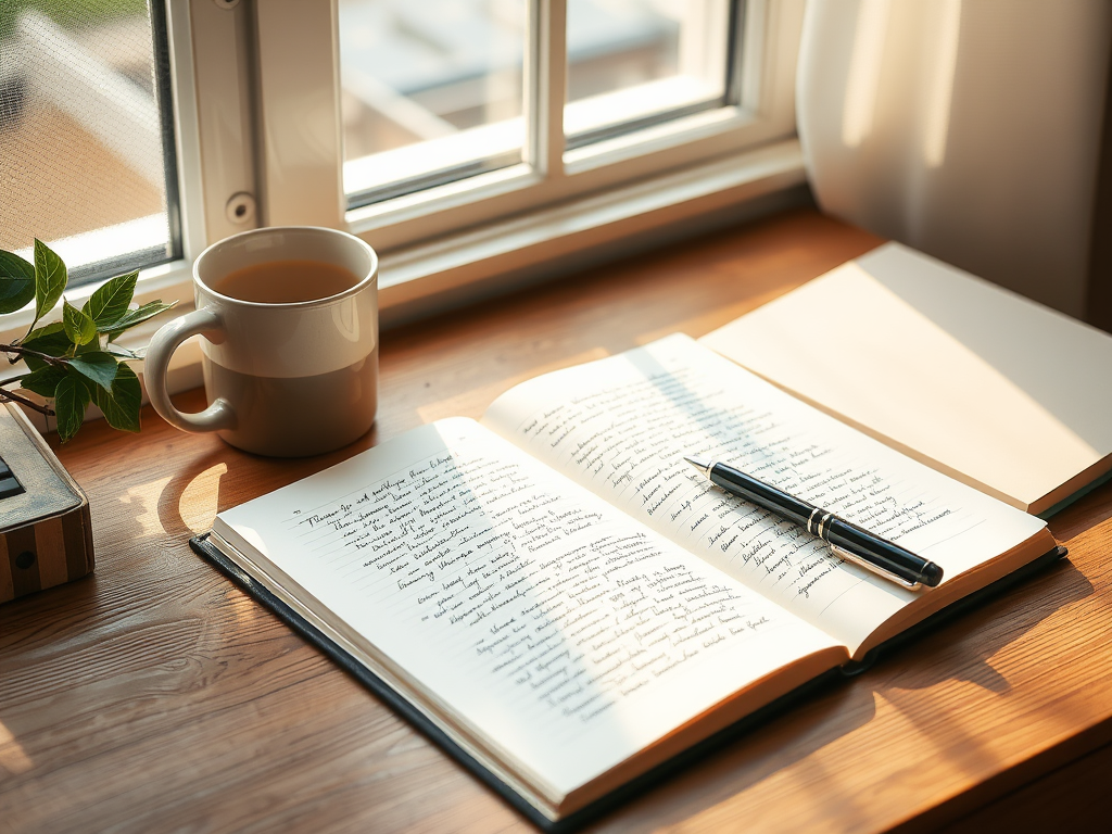 "a cozy writer's desk" "open notebook with handwritten notes" "coffee cup steaming" "sunlight through window" "calm atmosphere" "pen poised to write"