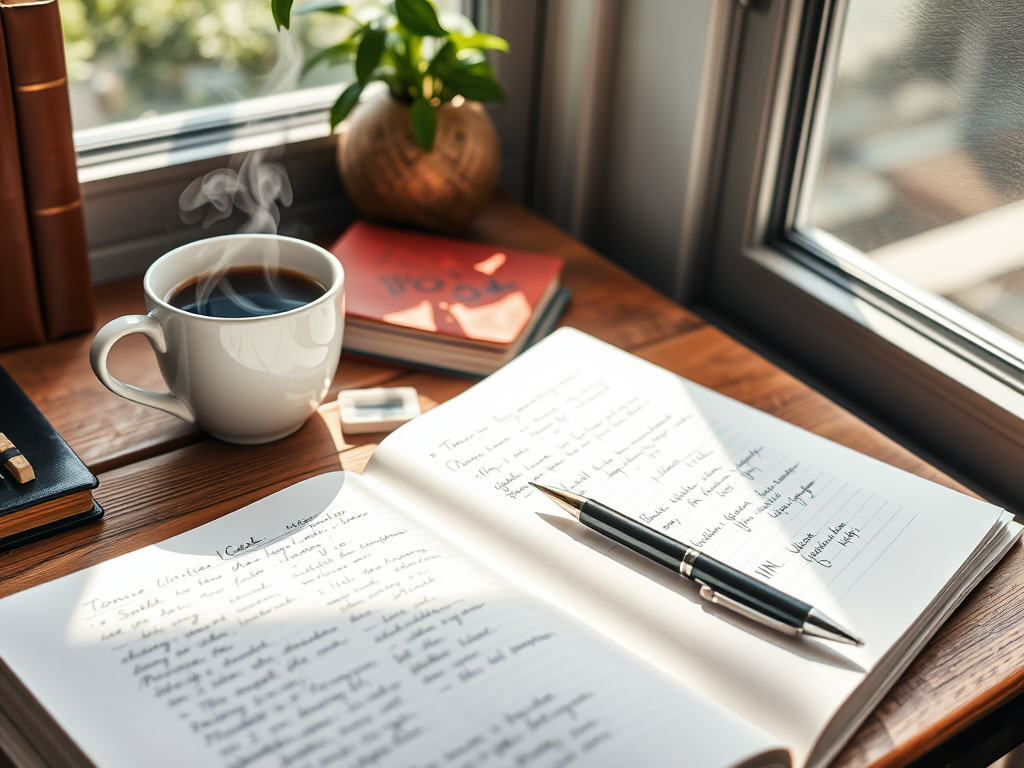 "a cozy writer's desk" "open notebook with handwritten notes" "coffee cup steaming" "sunlight through window" "calm atmosphere" "pen poised to write"