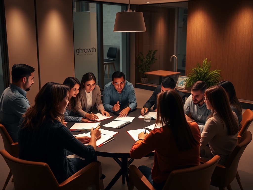 "A diverse circle of ambitious entrepreneurs in a warm, modern meeting room, sharing illuminated caseload notes, safe and collaborative ambiance, subtle growth symbols."