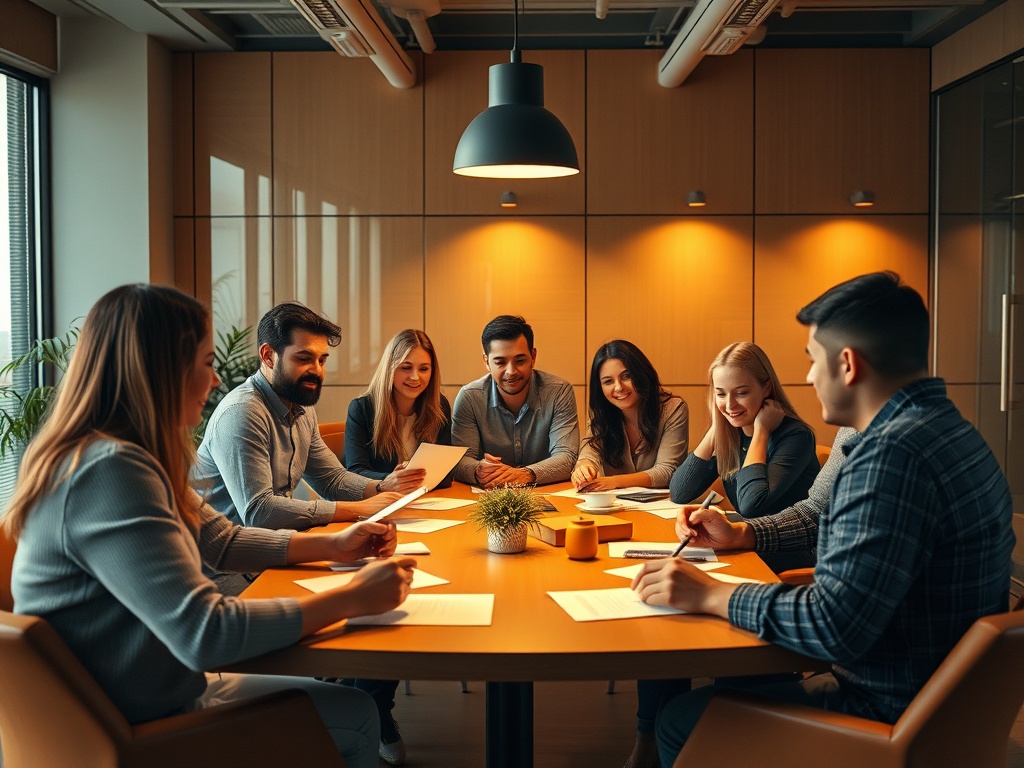 "A diverse circle of ambitious entrepreneurs in a warm, modern meeting room, sharing illuminated caseload notes, safe and collaborative ambiance, subtle growth symbols."