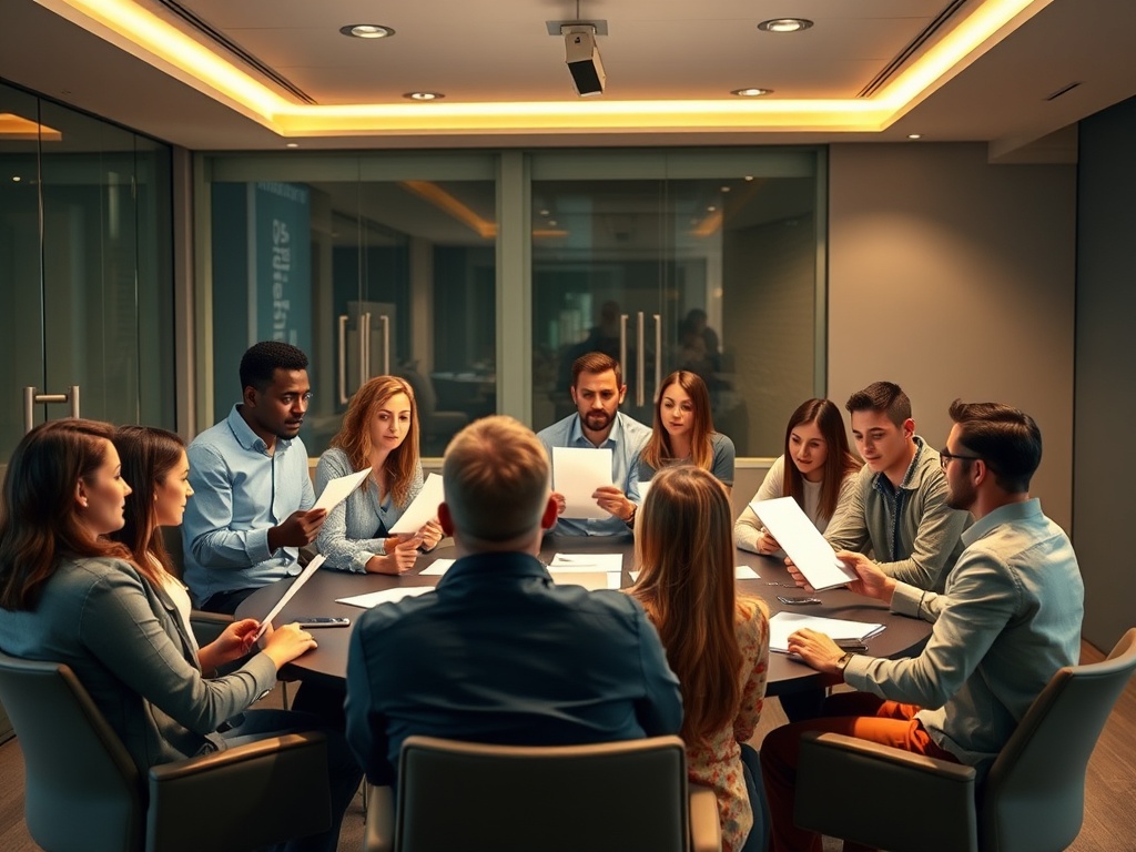"A diverse circle of ambitious entrepreneurs in a warm, modern meeting room, sharing illuminated caseload notes, safe and collaborative ambiance, subtle growth symbols."
