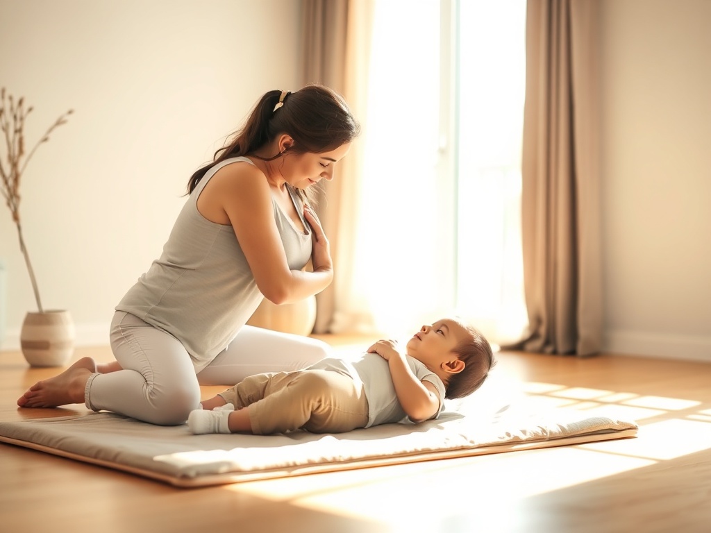 "A serene, sunlit room with a new mother gently performing a soft abdominal mobility exercise on a cushioned mat, supportive partner nearby, warm tones, healing light."