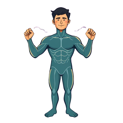 "human body" "highlighted fascia" "energy waves" "business person" "exercise motion" "calm face"