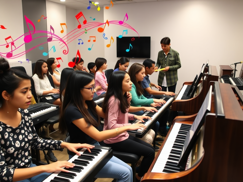 Een levendige workshop met beginners die digitale piano's spelen.