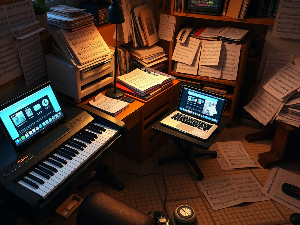 Een gezellige workshop met een digitaal piano en laptop.