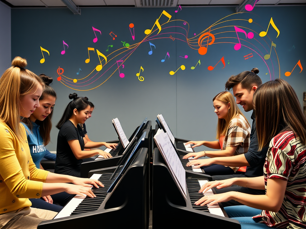 Een levendige workshop met beginners die digitale piano's spelen.