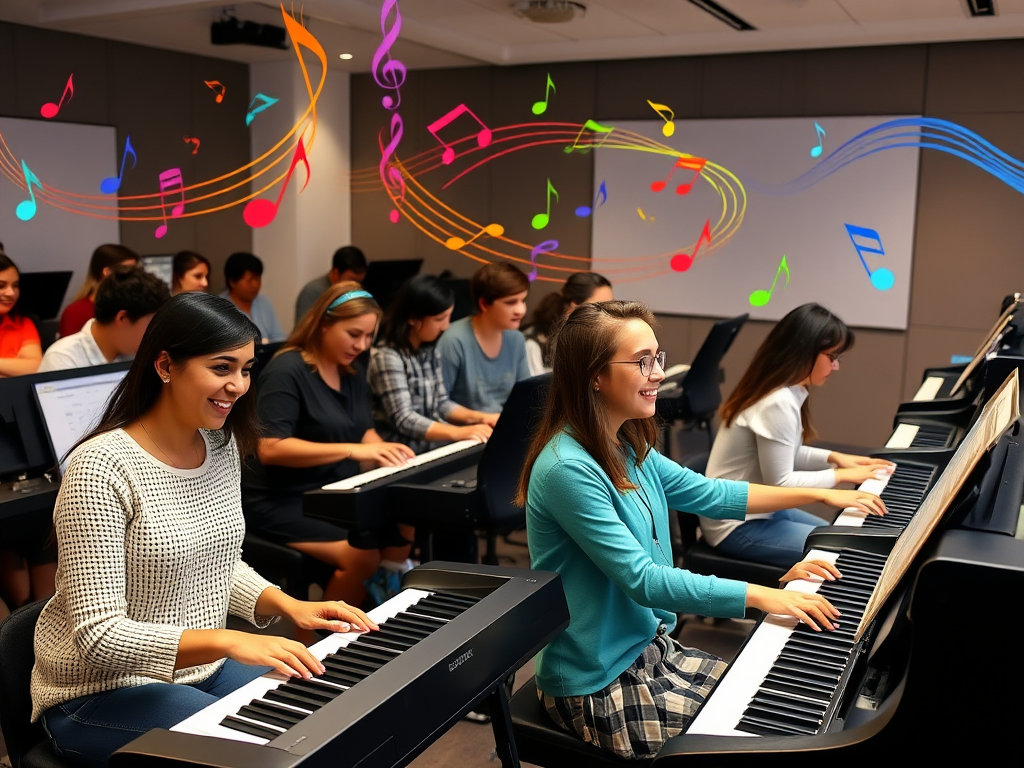 Een levendige workshop met beginners die digitale piano's spelen.