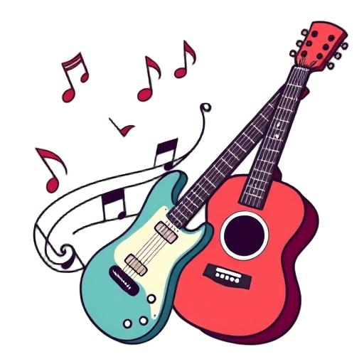 Twee gitaren met muzikale noten en speelse kleuren.