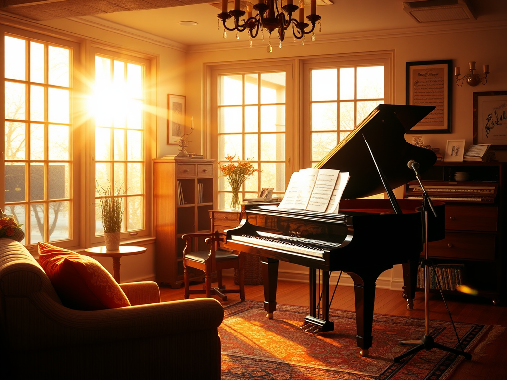 Een serene muziekstudio met een grand piano in zonlicht.