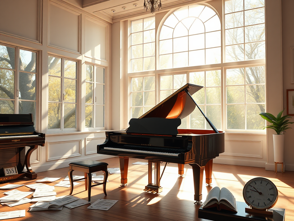 Een serene pianostudio met zonlicht en een vleugel.