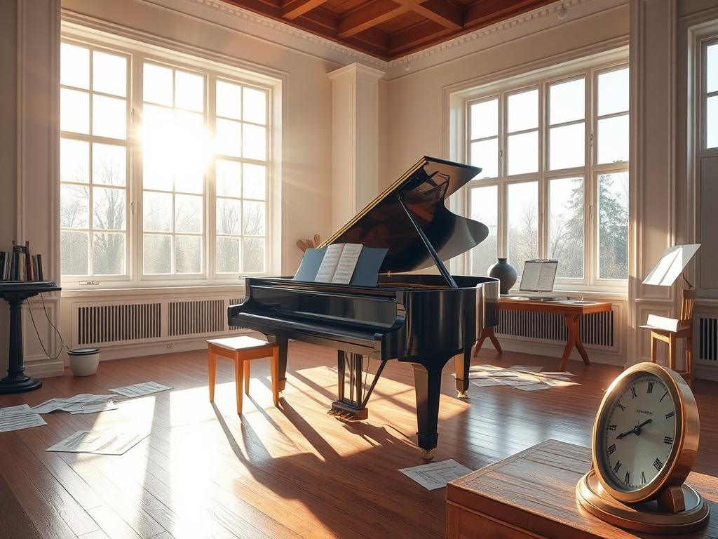 Een serene pianostudio met een grand piano en zonlicht.