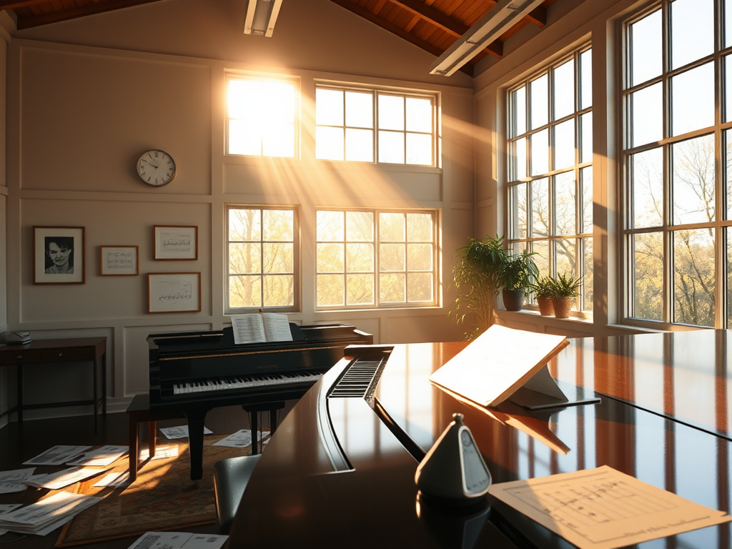 Een serene pianostudio met zonlicht en een vleugelpiano.
