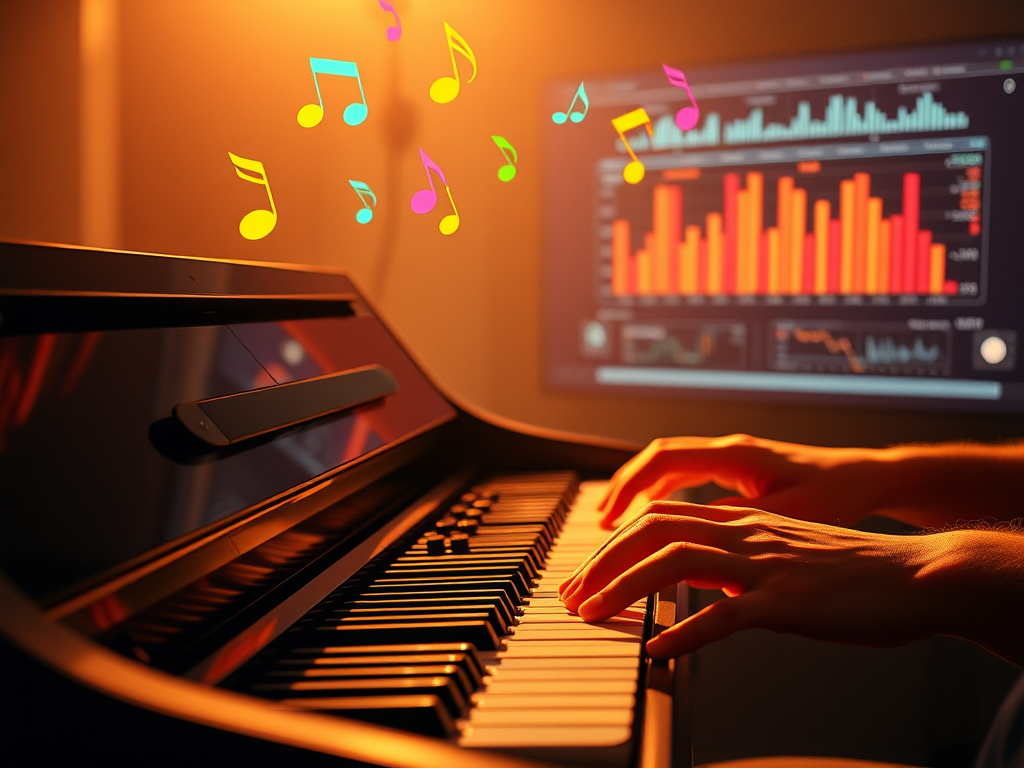 A grand piano keyboard glowing softly, colorful MIDI notes floating above, a digital screen with moving bars, hands playing dynamically in warm light.