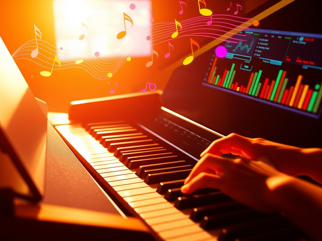 A grand piano keyboard glowing softly, colorful MIDI notes floating above, a digital screen with moving bars, hands playing dynamically in warm light.