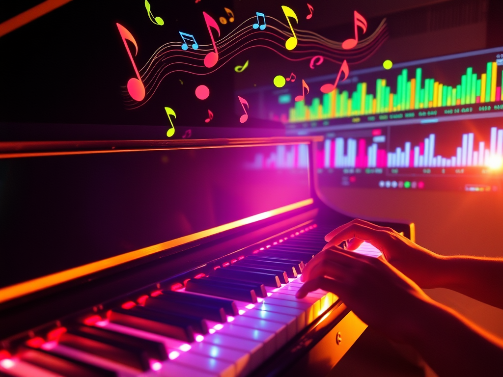 A grand piano keyboard glowing softly, colorful MIDI notes floating above, a digital screen with moving bars, hands playing dynamically in warm light.