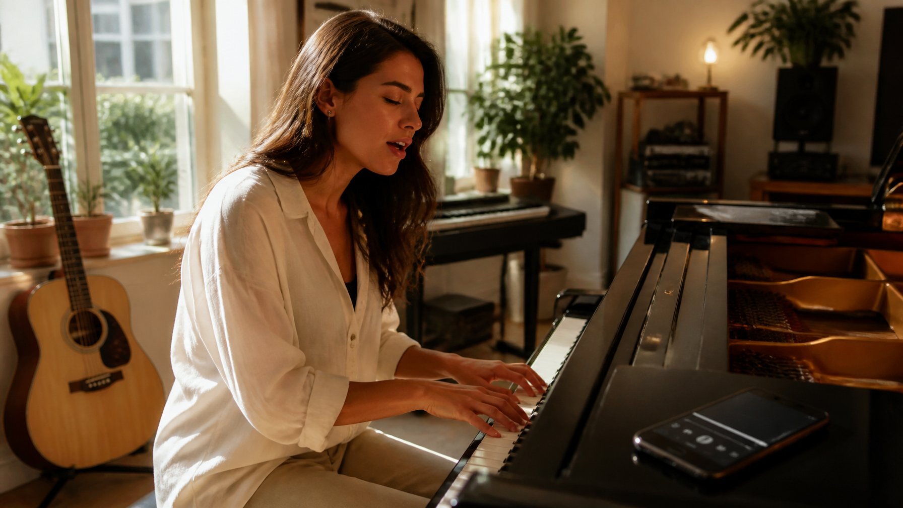 Een volwassen vocalist zit achter de piano en zingt terwijl ze zichzelf begeleidt met eenvoudige akkoorden. Naast haar ligt een telefoon met een gepauzeerde backingtrack, maar haar aandacht is volledig op de piano en haar stem gericht.