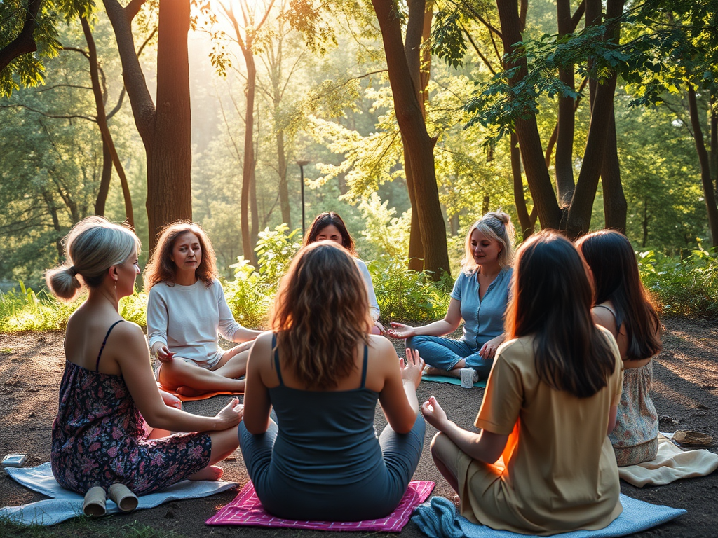 Vrouwen mediteren in een cirkel, omgeven door natuur.