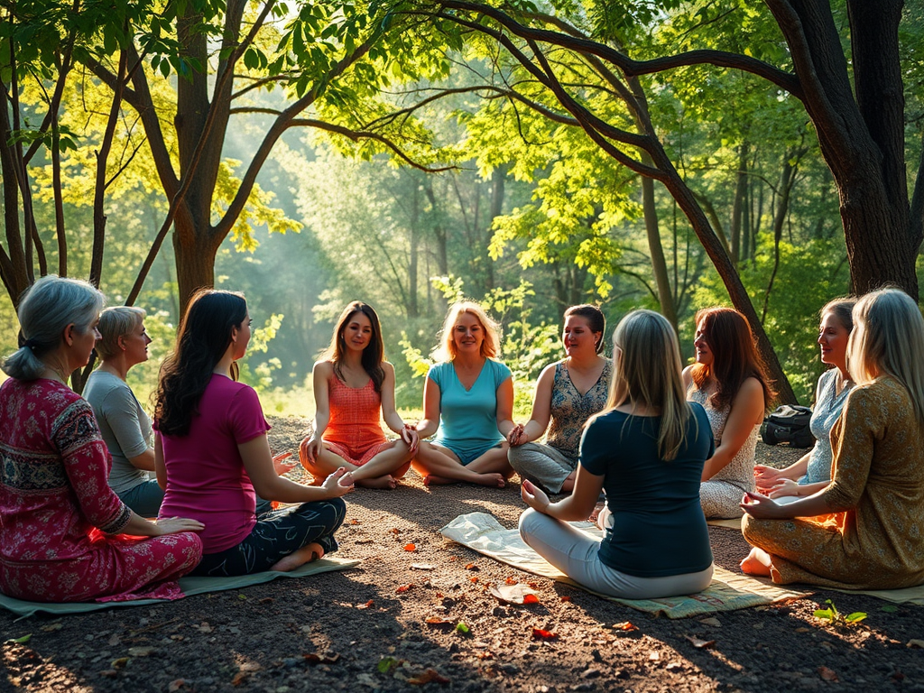 Vrouwen mediteren in een cirkel, omringd door natuur.