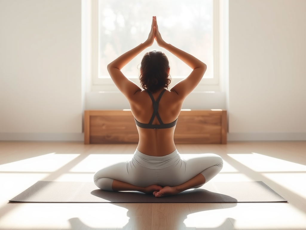 Vrouw in zittende yoga pose met omhoog gevouwen handen voor raam