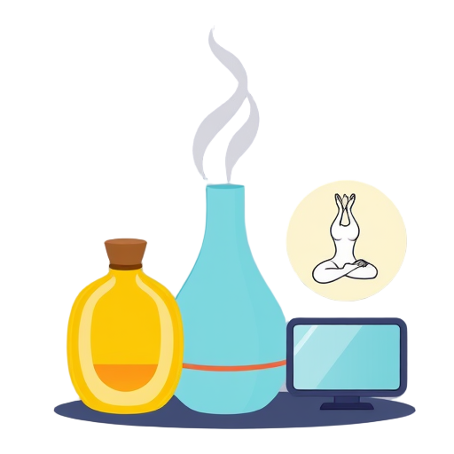 Olie set, diffuser, yoga pose en videoscherm rondom.