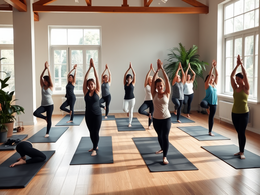 "a serene yoga studio" "soft natural light filtering through large windows" "diverse group practicing foundational yoga poses" "calm faces focused on alignment and breath" "peaceful atmosphere with plants and wooden floors"