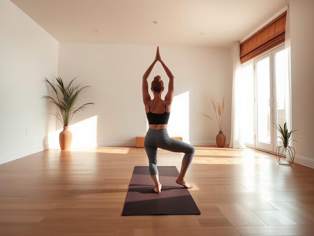 Rustige yoga studio met persoon in boomhouding, natuurlijk licht, minimalistisch.