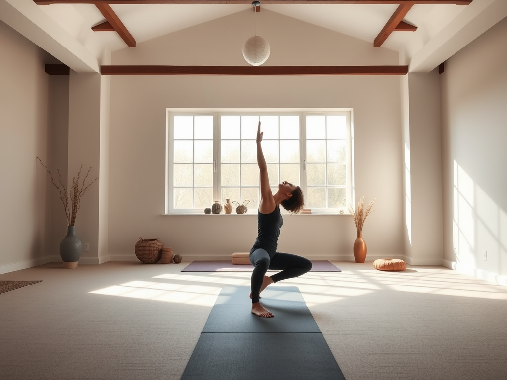 Ontspannen vrouw in yogapositie in lichte, minimalistische studio