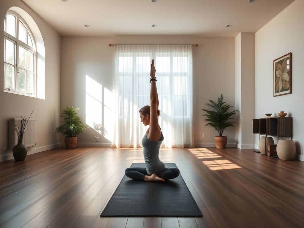 Persoon in yogahouding in een lichte, rustige kamer met planten.