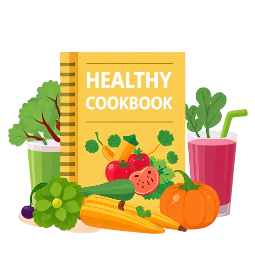 Gezonde groenten en smoothies rondom een kookboek.