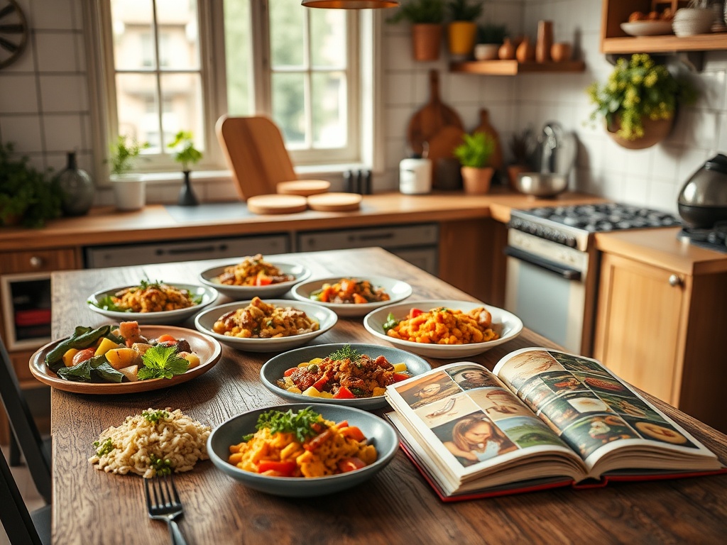 "A warm, inviting kitchen scene with a rustic wooden table, vibrant plated dishes from diverse cuisines, soft natural light, fresh ingredients, and a cookbook opened to colorful pages."