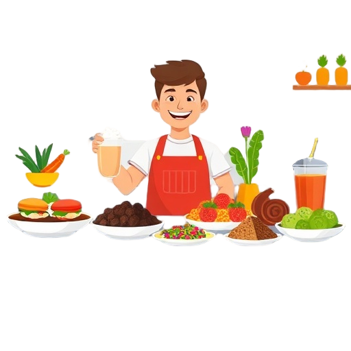 "bourgondische" foods, vibrant plates, variety of meals, 6-boek bundle concept, 290 recipes, cheerful kitchen scene, smiling cook, colorful vegetables, smoothies, vegan and protein items, meal prep vibe, bold outlines"