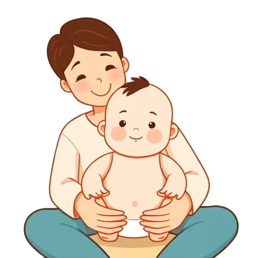 Create a warm friendly illustration showing "a smiling parent" gently "supporting a baby" during "playful exercise" in a simple home-like scene; depict close interaction with rounded shapes