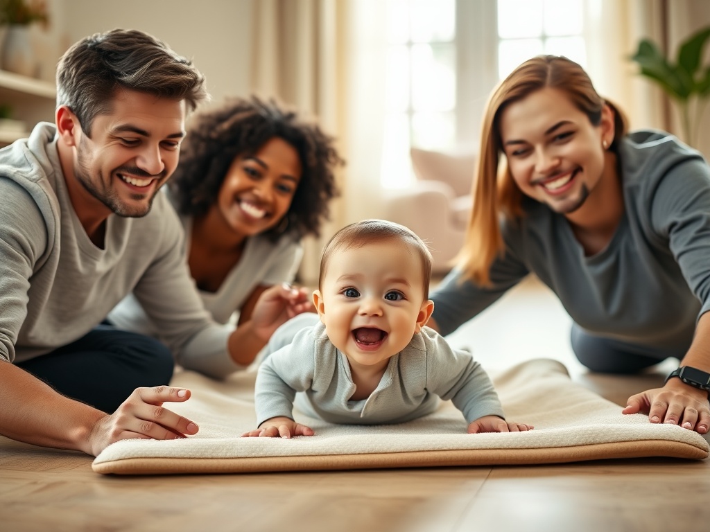 Warm split-screen of three smiling parents gently exercising with their baby on a soft play mat, tummy time supported, cozy home light.