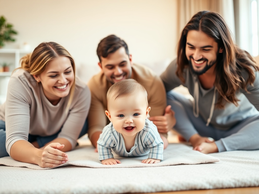 Warm split-screen of three smiling parents gently exercising with their baby on a soft play mat, tummy time supported, cozy home light.