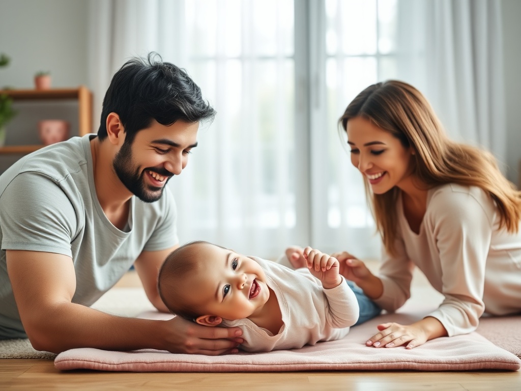 Warm split-screen of three smiling parents gently exercising with their baby on a soft play mat, tummy time supported, cozy home light.