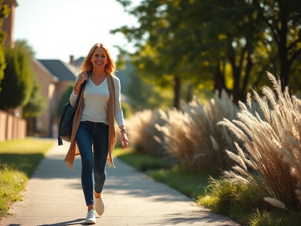 “A confident 40+ woman smiling while walking on a sunny path; flowing breath, precise steps, smooth heel-to-toe roll, and natural arm swing depicted through subtle motion light”.