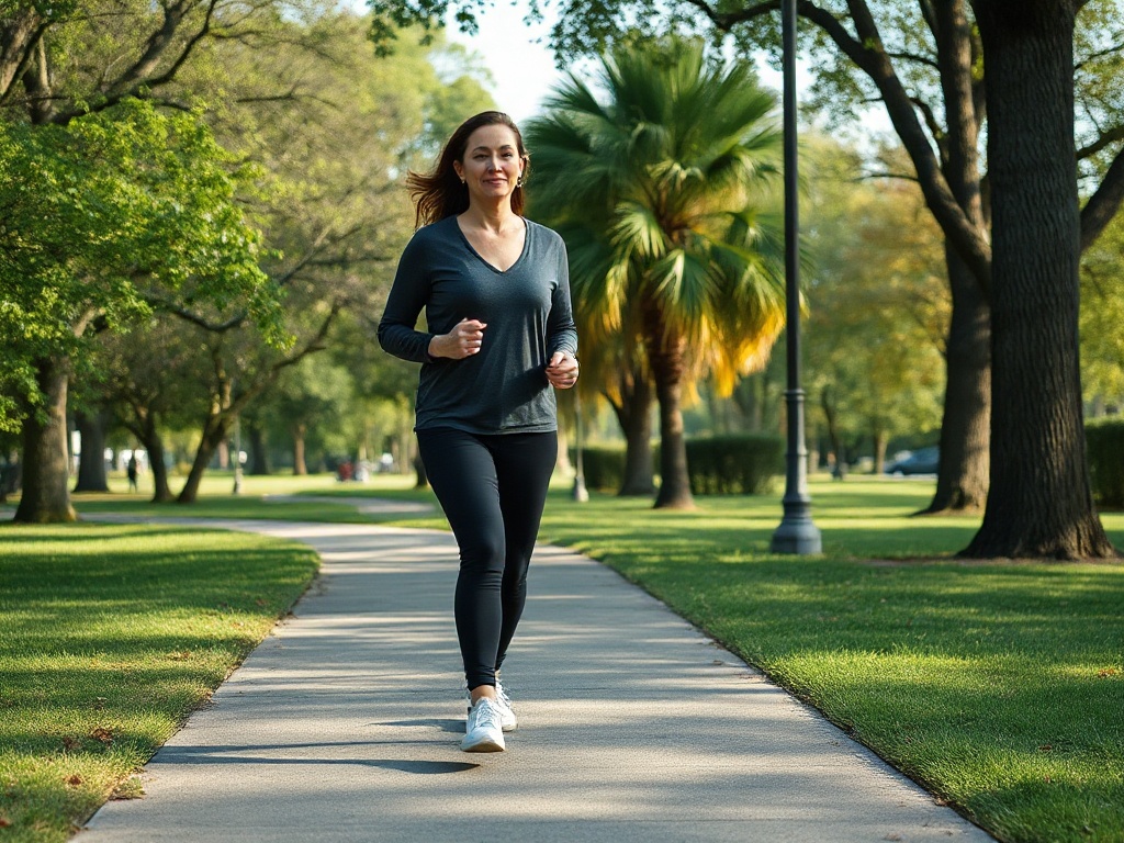 A relaxed woman 40+ walking along a quiet park path, showing natural breathing rhythm, precise foot placement, smooth roll, and gentle arm swing.