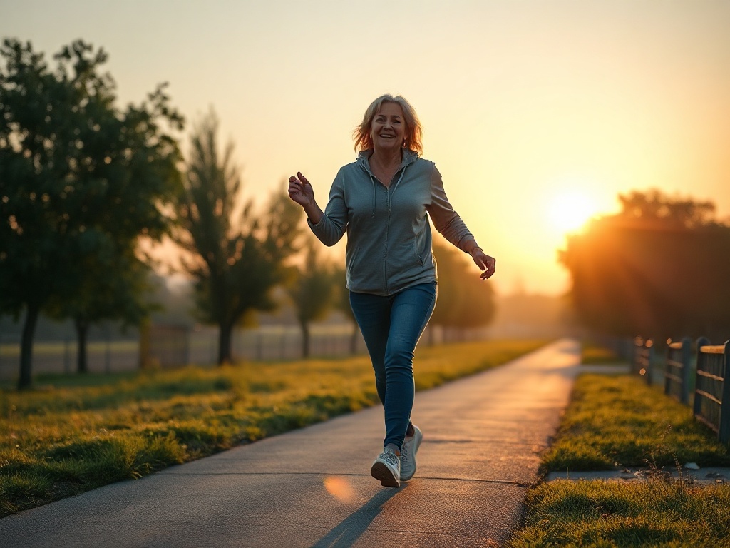 A joyful woman 40+ walking on a quiet path, relaxed breathing shown by soft mist, precise feet, smooth heel-to-toe roll, natural arm swing, warm sunrise glow.