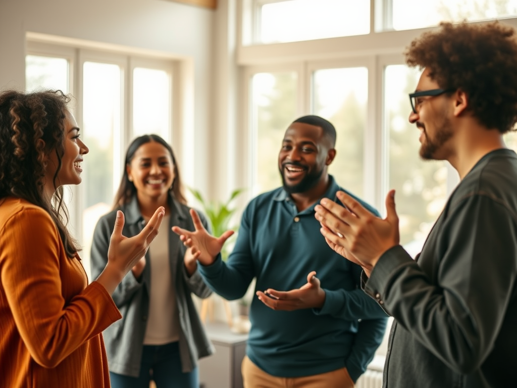 "three diverse people" "engaged in lively conversation" "warm, bright room" "expressive hand gestures" "friendly, encouraging atmosphere" "soft natural light filtering through large windows"