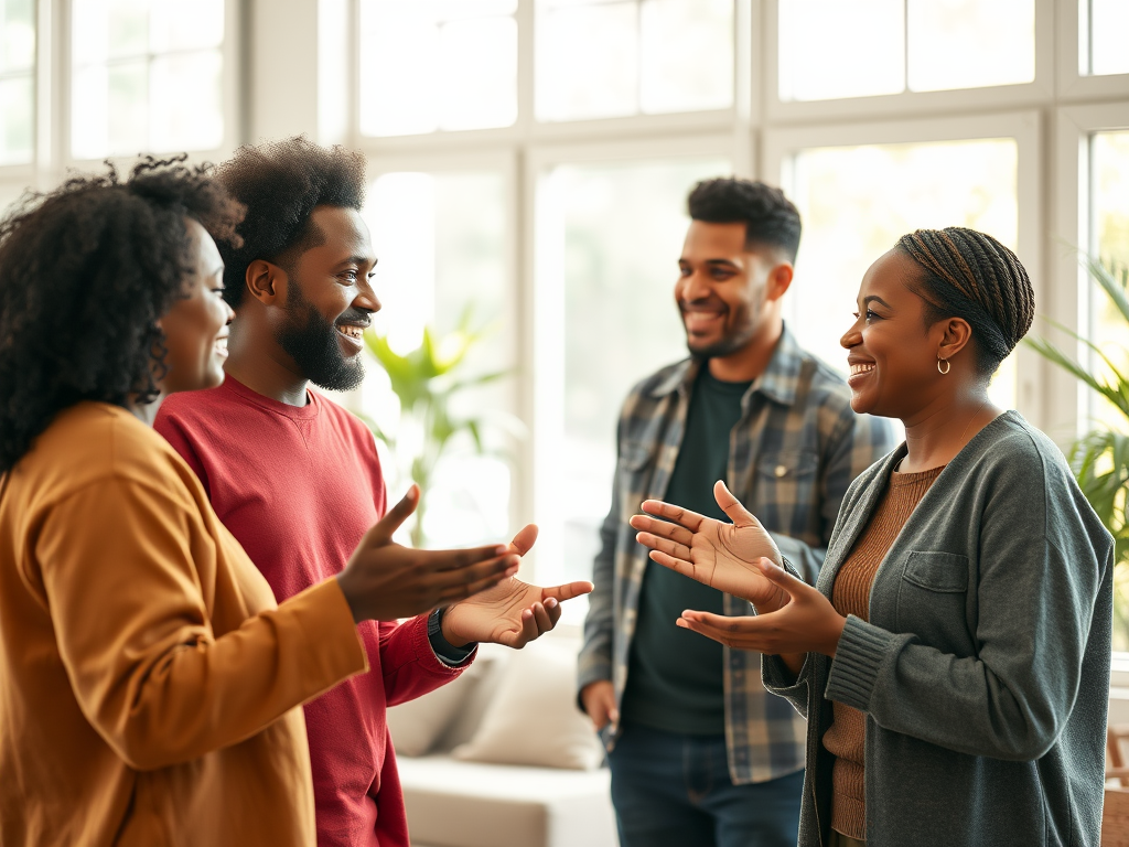 "three diverse people" "engaged in lively conversation" "warm, bright room" "expressive hand gestures" "friendly, encouraging atmosphere" "soft natural light filtering through large windows"