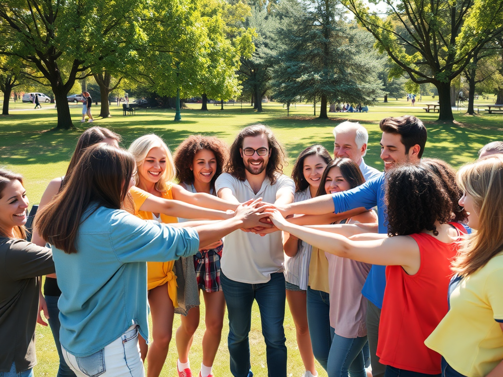 "A diverse group of enthusiastic people" "joining hands in a circle" "outdoor sunny park setting" "vibrant colors" "energy and excitement"