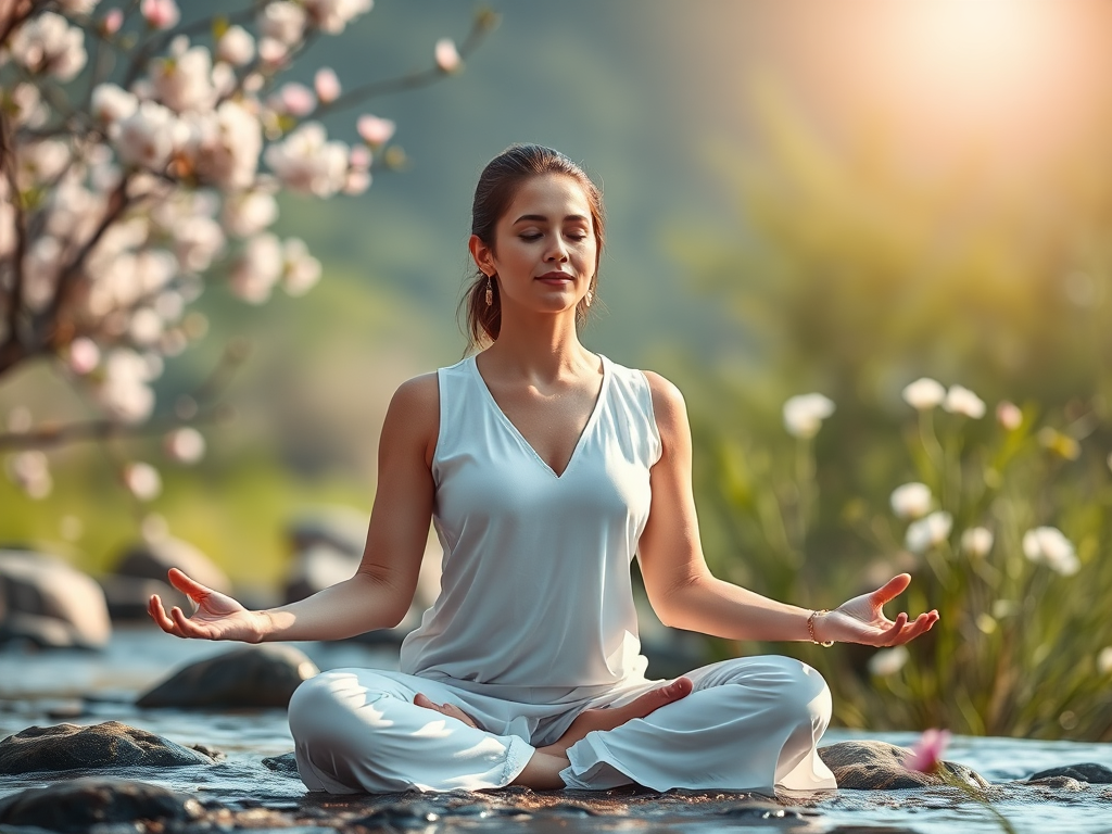 A serene woman meditating outdoors, surrounded by soft glowing light, gentle nature elements like flowing water and blooming flowers, embodying calm strength.