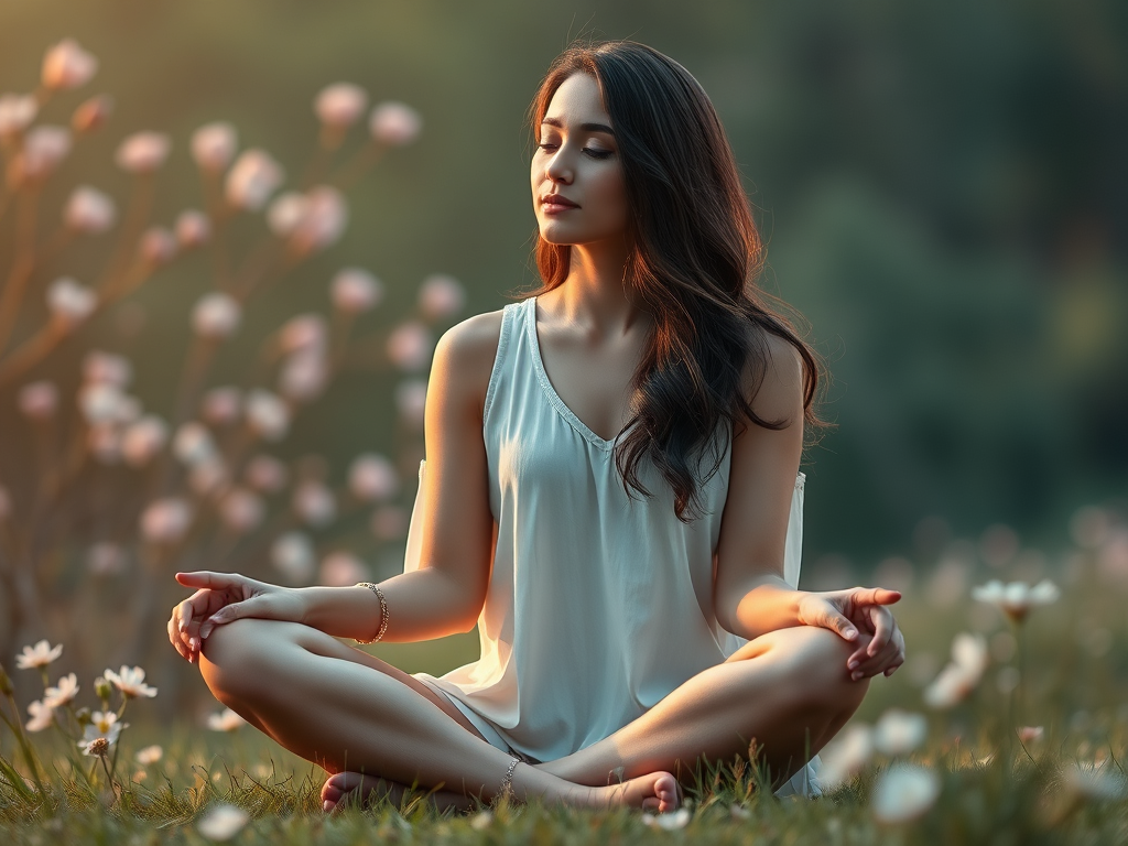 "calm serene woman sitting cross-legged" "soft glowing light around her" "gentle nature background with blooming flowers" "peaceful, introspective atmosphere" "warm pastel colors"