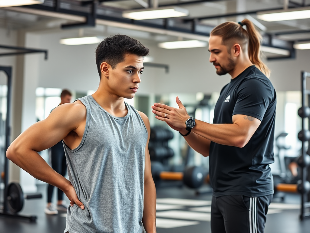 Een gemotiveerde beginner krijgt training van een personal trainer in de sportschool.