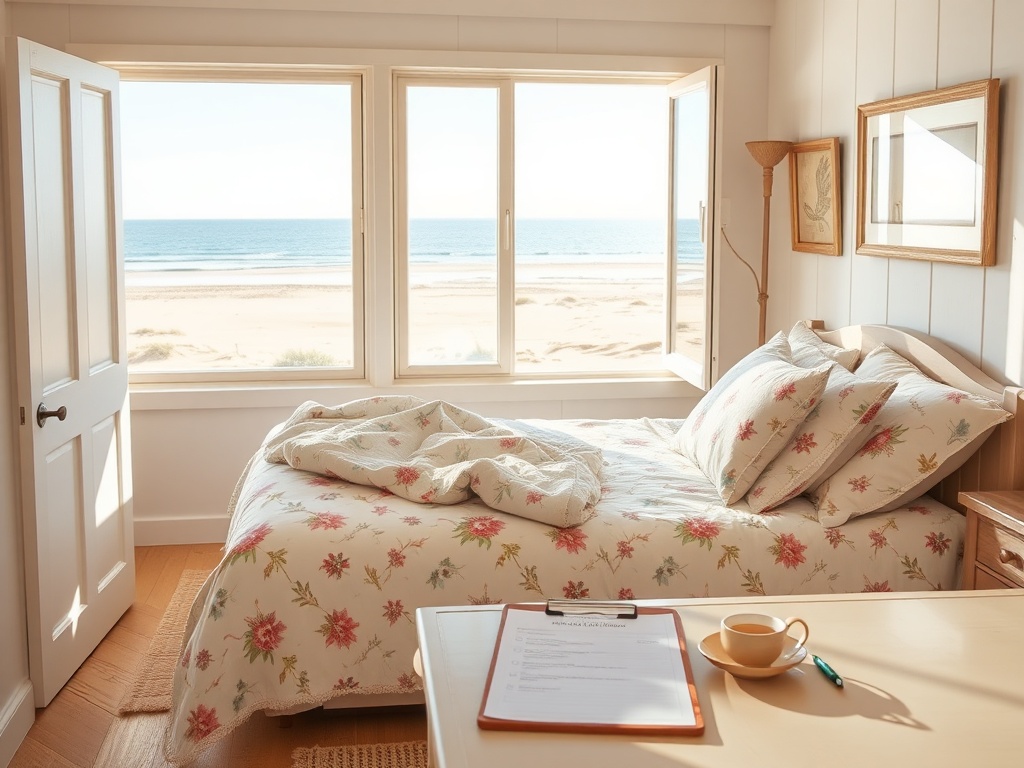"cozy seaside cottage interior" "sunlit bedroom with floral linens" "open window showing dunes and sea" "clipboard with checklist on table" "warm color palette, soft shadows"