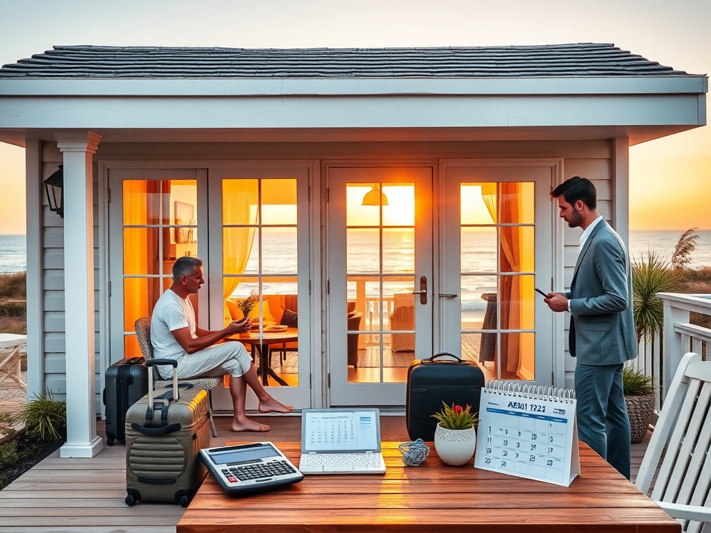 "cozy seaside holiday home exterior at golden hour" "investor couple reviewing plans on porch" "luggage, surfboard, and calculator on table" "neat rental calendar pinned inside" "calm professional property manager arriving"