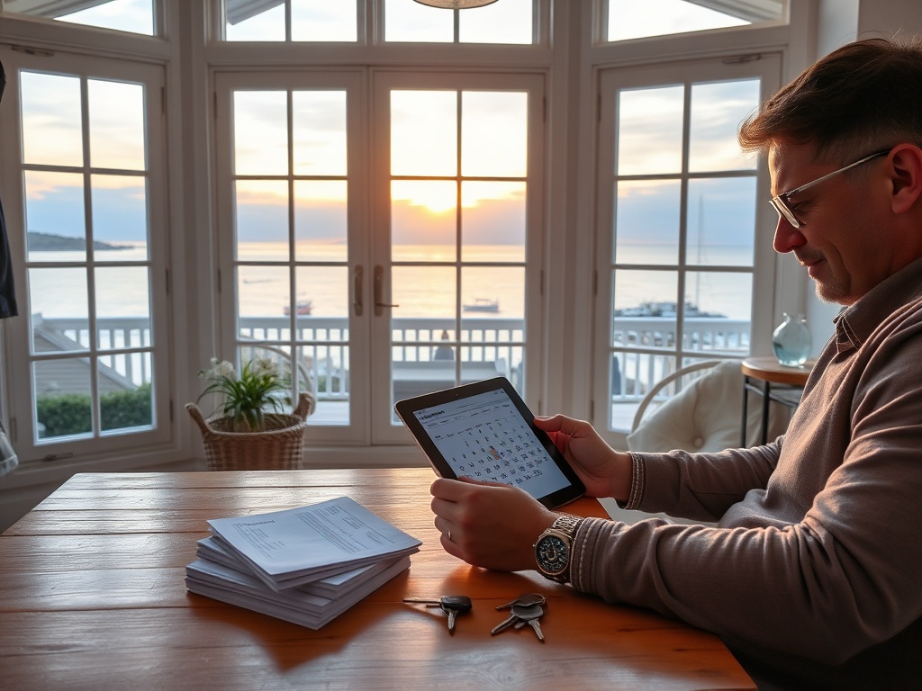 "cozy seaside vacation home" "sunset light through large windows" "investor reviewing rental calendar on tablet" "small stack of documents and keys on table" "calm seaside village visible outside"