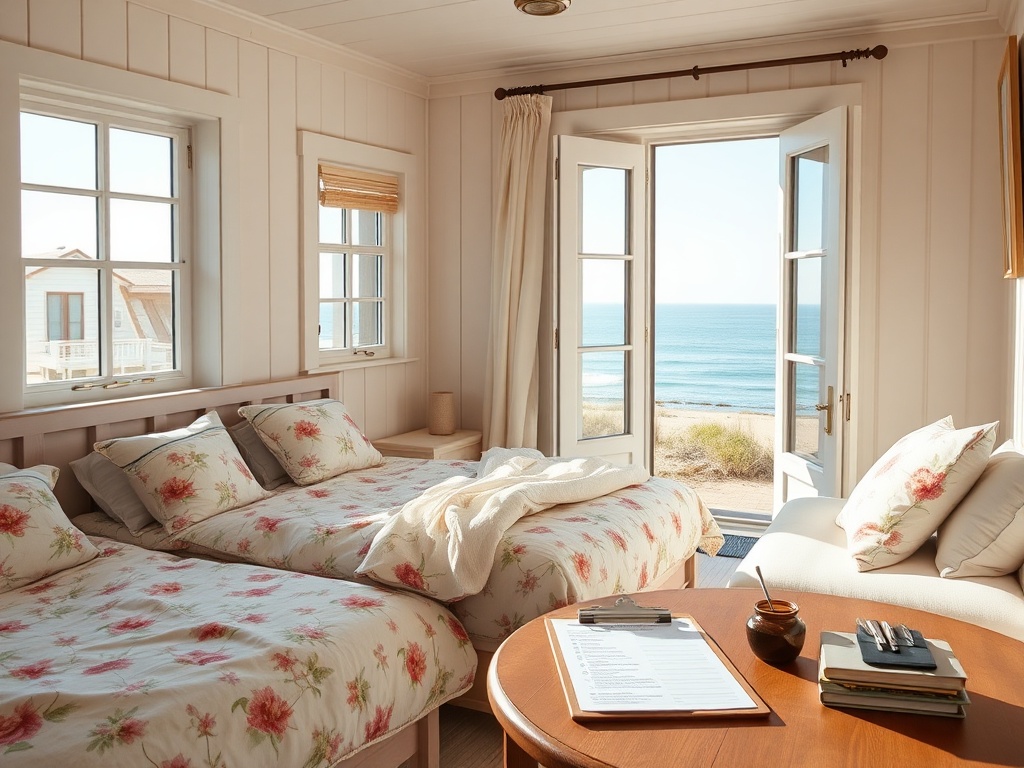 "cozy seaside cottage interior" "sunlit bedroom with floral linens" "open window showing dunes and sea" "clipboard with checklist on table" "warm color palette, soft shadows"