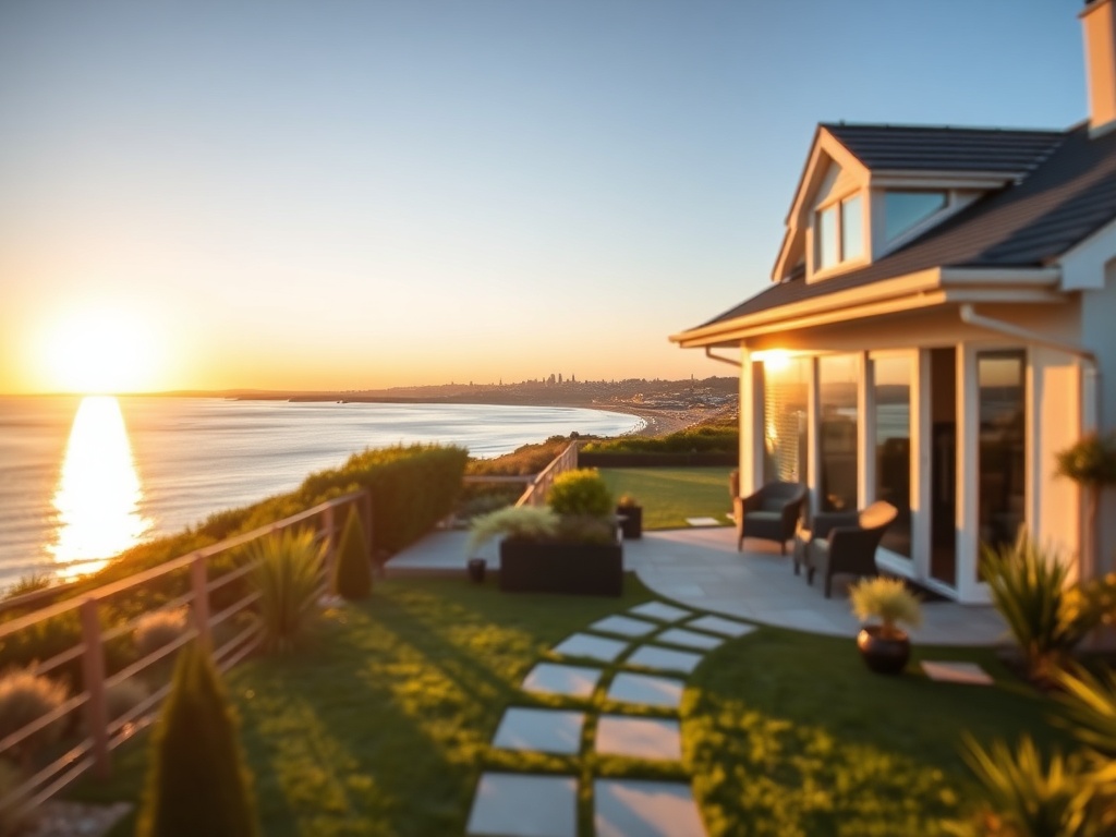 "Modern coastal holiday home exterior at sunset" "Golden light reflecting on calm sea" "Well-kept garden with outdoor seating and potted plants" "Nearby small town skyline in soft focus" "Subtle pathway leading from house to beach"
