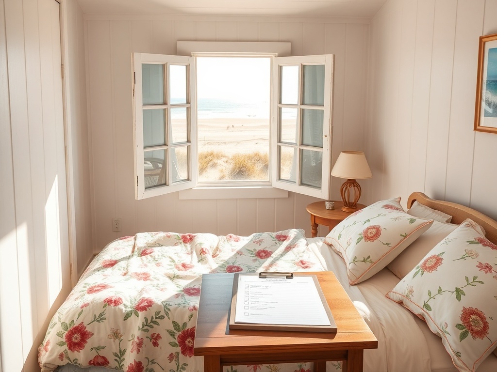 "cozy seaside cottage interior" "sunlit bedroom with floral linens" "open window showing dunes and sea" "clipboard with checklist on table" "warm color palette, soft shadows"